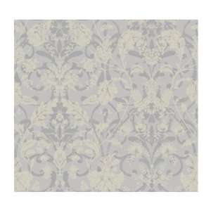   Floral Damask Wallpaper, Silver Metallic/Soft Blue Gray/Off White