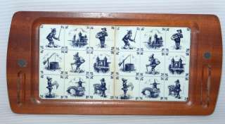   Blue White Delft Double Tile Folk Story Serving Wood Tray 17  