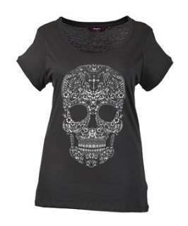 Charcoal (Grey) Inspire Grey Ornate Skull Print T Shirt  252277803 