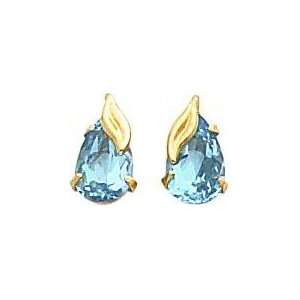  14K Gold Blue Topaz Leaf Stud Earrings Jewelry New 