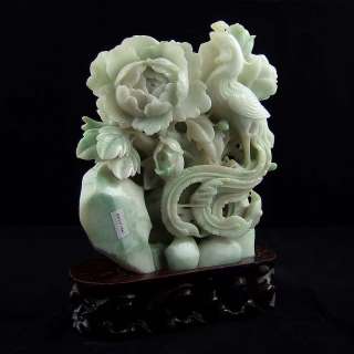 Exquisite 5lbs Chinese Carved Jadeite Jade Vivid Peony Phoenix Statue