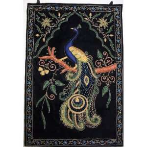 Peacock Wall Hanging Rug Jewel Carpet Kashmir Hand Embroidery Indian 