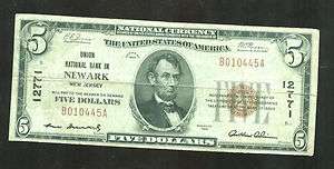 National Currency Newark NJ 1929 $5 Union National Bank  