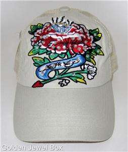 ED HARDY EMBROIDERED BALL CAP FLOWER ROSE DIAMOND & RHINE STONE 