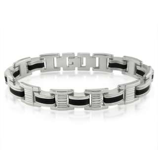 Mens Stainless Steel and Black Rubber Link Bracelet 8 1/4 inches 