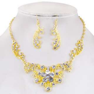 Necklace Earrings Set Flower Plume Theme Golden Czech Rhinestone 