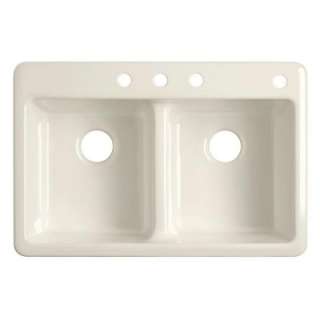   Cast Iron 33 in. x 22 in. Four Hole Double Bowl Kitchen Sink in White