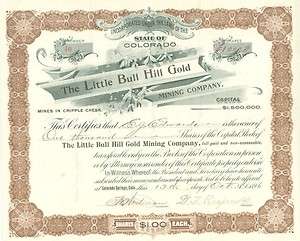 Little Bull Hill Gold, Stock Certificate Cripple Creek  