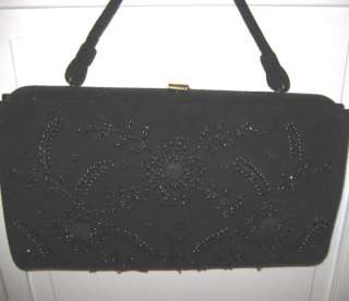 Vintage BLACK FLORAL BEADED ~Soure~ LARGE RECTANGLE Handbag/Purse~MINT 