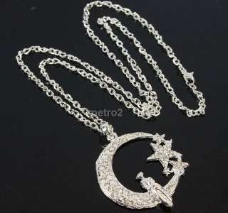 2x long chain necklace star heart crescent moon lady swarovski crystal 