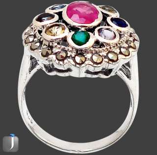 size 6 1/2 MARCASITE RUBY OVAL EMERALD SAPPHIRE 925 STERLING SILVER 