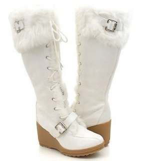    White Furry Wedge Winter Knee Boots Women   Vegan Friendly Shoes