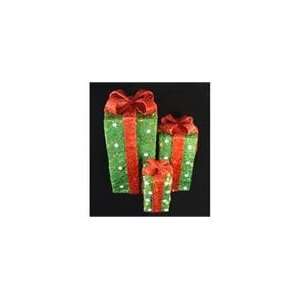  3 Piece Tall Sparkle Green Sisal Gift Box Lighted 