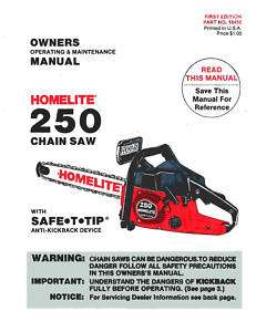 HOMELITE 250 CHAIN SAW Owners Manual with Parts List  