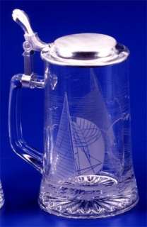 Sailing Etched German Glass Beer Stein Mug  
