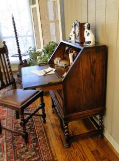 Antique English Desk ~ Dark Oak~Barley Twist~Fitted~ Jacobean Bureau 