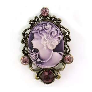 Lavender Violet Purple Cameo Brooch Pin Charm Antique Bronze Tone 