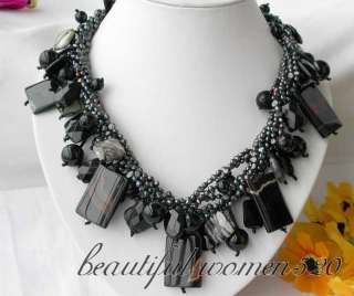 6row baroque black pearl oblong agate bead necklace  