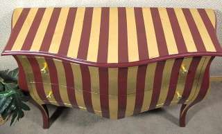 GOLD & MAROON Striped BOMBE 2 Drawer CHEST Dresser COMMODE e742g 