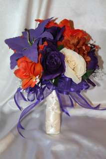 Purple Orange Lily Silk Flower Wedding Bridal Bouquet Package 