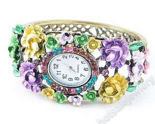 Wholesale 6Pcs Flower Rhinestones Crystal Cuff Bracelet Watch B029 