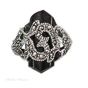  Sterling Silver Black Onyx Marcasite Ring Size 7 Jewelry