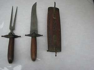 Vintage Brass and Wood Carving Set Knife & Fork  Wooden Sheath Made 
