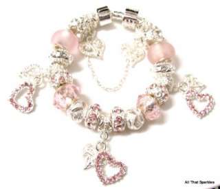   Crystal Filigree Heart Charm Kids Child Girls European Bead Bracelet