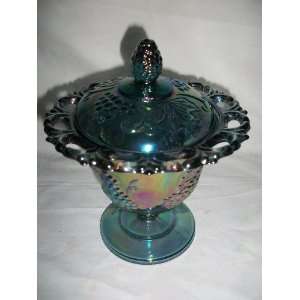Vintage Indiana Blue Carnival Glass Harvest Grape Covered Candy Dish 