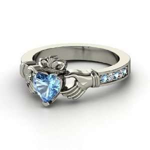  Claddagh Ring, Heart Blue Topaz Palladium Ring with Blue 