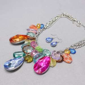 Rainbow Crystal Drop Necklace & Earring Set  