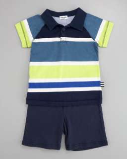 Block Stripe Polo Shirt and Shorts, Flippers/Lime/Navy, 3 24 months