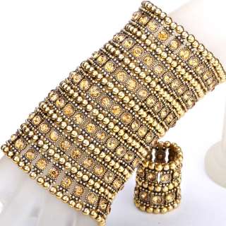 Gold crystal stretch cuff bracelet ring set 7 row A1  