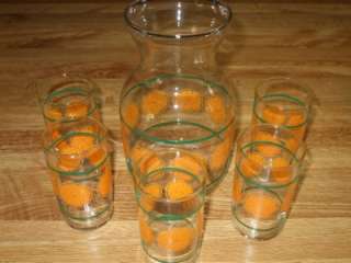 Vintage Orange Juice Set~Pitcher & 5 Glasses&Basket  