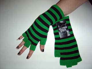   Green Striped Arm Warmers Knit Gloves Gothic 80s Goth Punk  