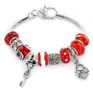  Glass Bead and Crystal Heart and Locket Silver Love Charm Bracelet 