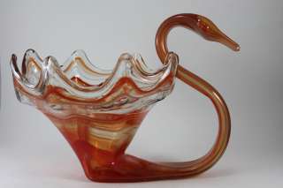 Vintage Swan Shaped Large Bowl Vase Art Glass/Crystal Orange Amber 