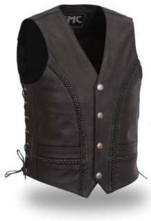 Mens Black Leather 4 Snap Side Lace Motorcycle Vest New  