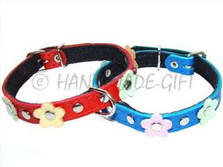 Genuine Leather Dog Cat Collar RED BLUE Flowers  