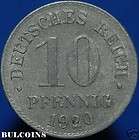 Germany 10 pfennig 1920 Imperial Eagle Zinc Coin Without Mint Mark KM 