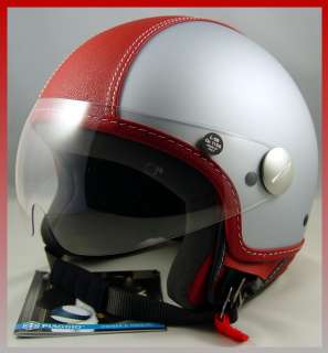 Vespa Piaggio Scooter Light Gray Copter Helmet Red Leather DOT 