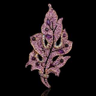   Leaf Shape Pink Purple Rhinestone Brooch Pin Swarovski Crystal  