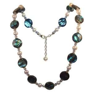 Sterling Silver Crystal and Imitation Pearls and Blue Abalone Necklace 