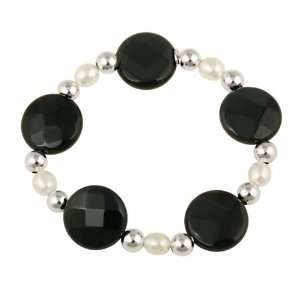   Silver Bead, Faceted Onyx and Freshwater Cultured Pearl Bracelet, 7.5