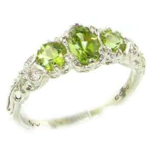 Ladies Solid White Gold Natural Peridot English Victorian Trilogy Ring 