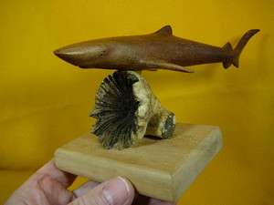 q29 m) Leopard shark sharks red hibiscus parasite WOOD carving 