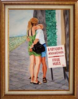 219   AUTHENTlC Painting by Ezi Algazi   Free Hugs of Corfu Greece 