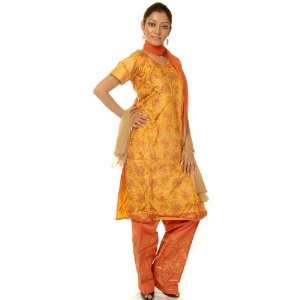 Golden Salwar Kameez Suit with Embroidered Spirals and Flowers   Pure 