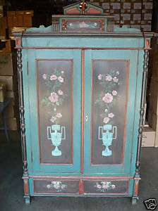 ANTIQUE OLD WOODEN WOOD EUROPEAN PAINTED ARMOIRE WARDROBE 