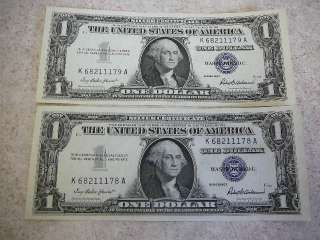Old Uncirculated Lot 2 Consecutive 1957 Silver Certificate 1 Dollar 